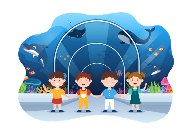Enfants visitant un aquarium de poissons  Illustration