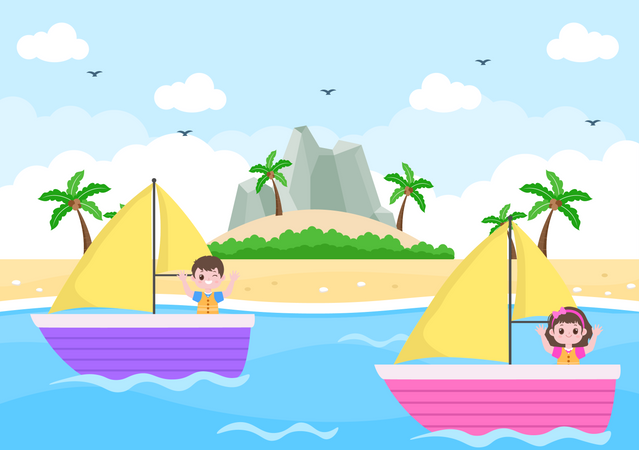 Enfants naviguant en bateau  Illustration