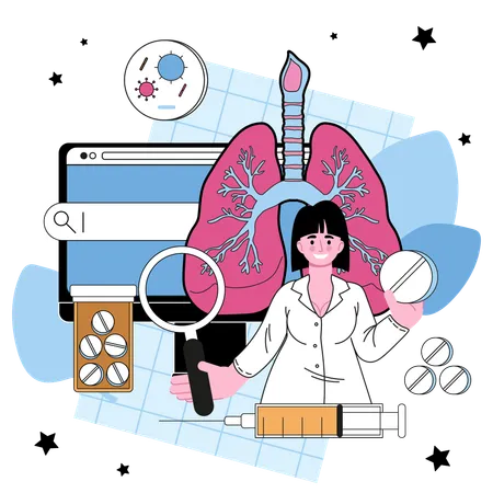 Diagnóstico y tratamiento de enfermedades del sistema pulmonar humano.  Ilustración