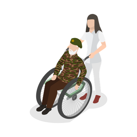 Enfermeira ajudando ao soldado veterano  Ilustração