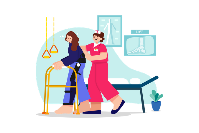 Enfermeira ajudando paciente a caminhar  Ilustração