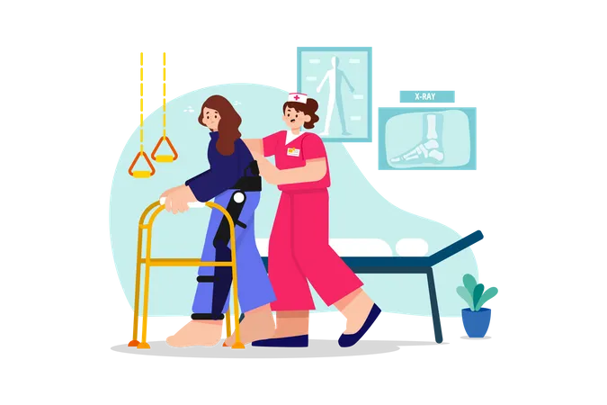 Enfermeira ajudando paciente a caminhar  Ilustração