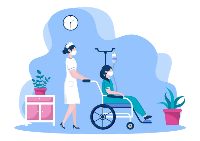 Enfermeira ajudando paciente com cadeira de rodas  Ilustração