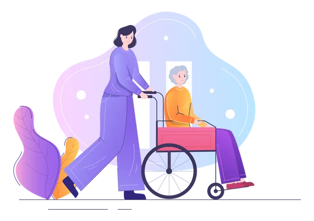 Enfermeira ajudando paciente sentado em cadeira de rodas  Ilustração