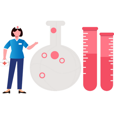 Enfermeira apontando para o copo de laboratório  Ilustração