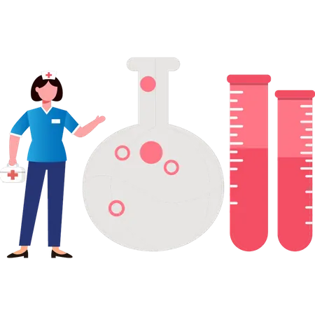 Enfermeira apontando para o copo de laboratório  Ilustração