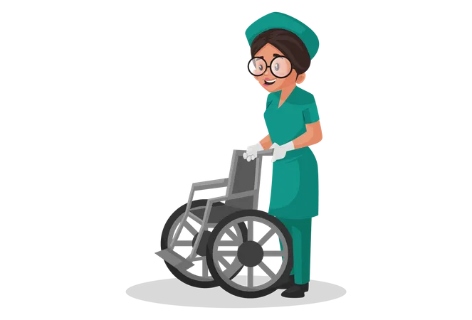Enfermeira com cadeira de rodas  Ilustração