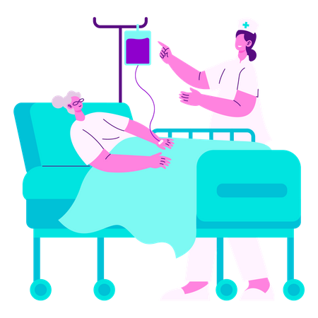 Enfermeira cuidando de paciente idoso  Ilustração