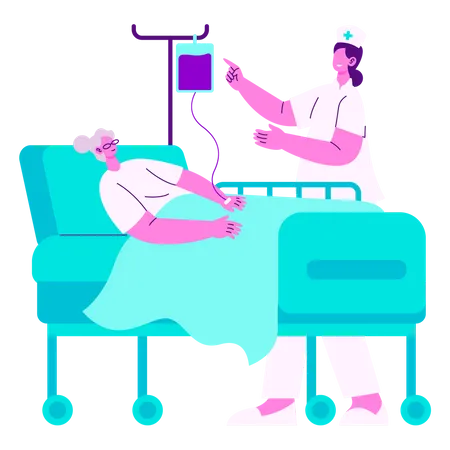 Enfermeira cuidando de paciente idoso  Ilustração
