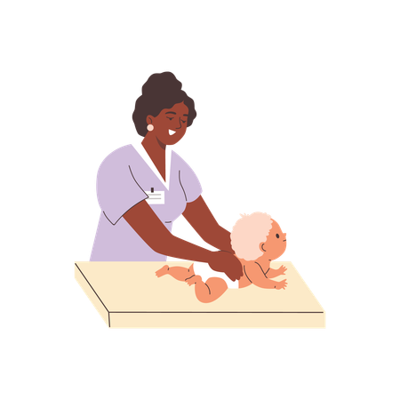 Enfermeira fazendo massagem em bebê deitado de bruços  Ilustração