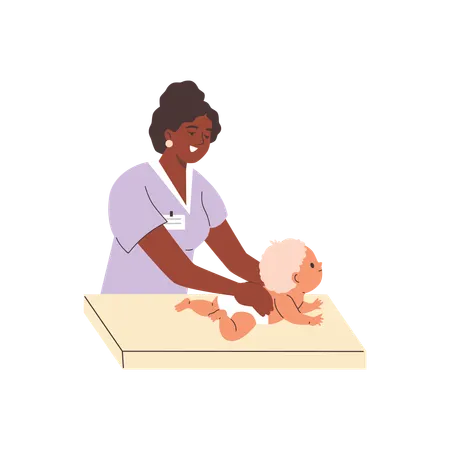Enfermeira fazendo massagem em bebê deitado de bruços  Ilustração