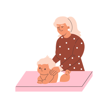 Enfermeira fazendo massagem em bebê deitado de bruços  Ilustração