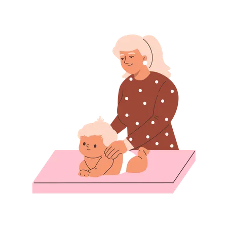 Enfermeira fazendo massagem em bebê deitado de bruços  Ilustração