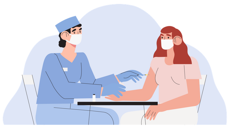 Enfermeira dando vacinação contra covid-19 a mulher  Ilustração