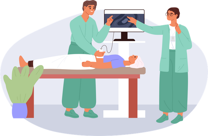 Enfermeira e médico fazem ultrassonografia para paciente mulher  Ilustração