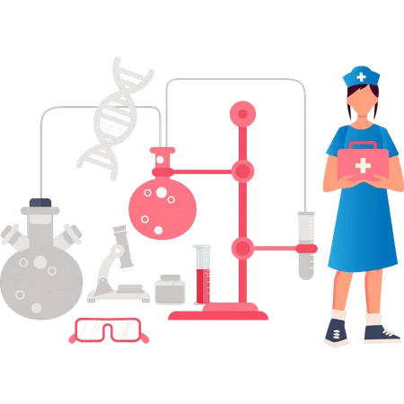 Enfermeira em pé e segurando kit médico  Ilustração