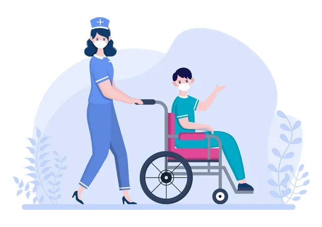 Enfermeira empurrando paciente com cadeira de rodas  Ilustração