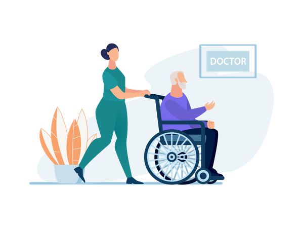 Enfermeira empurrando velho na cadeira de rodas para o médico  Ilustração