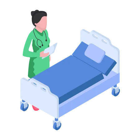 A enfermeira está parada perto da cama do hospital  Ilustração