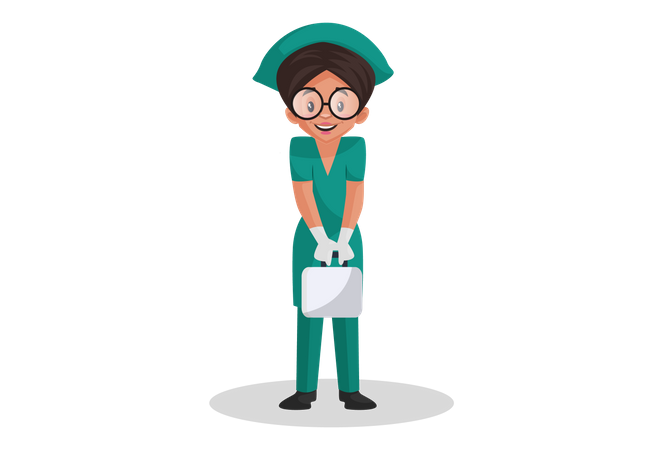 Enfermeira feliz segurando kit médico nas mãos  Ilustração