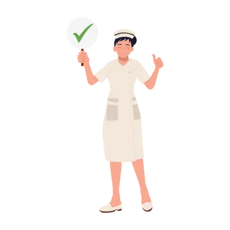 Enfermeira segurando sinal de marca de seleção com polegares para cima  Ilustração