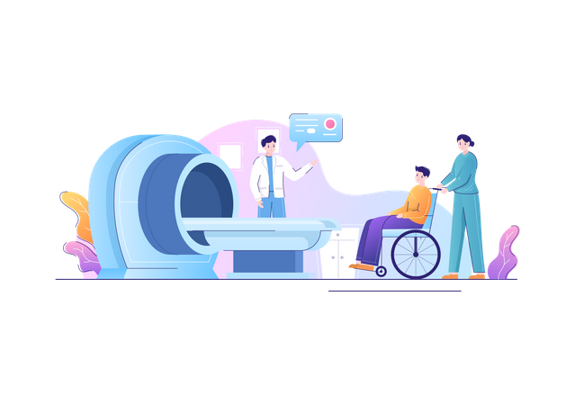 Enfermeira leva paciente até máquina de ressonância magnética assistida por médico  Ilustração
