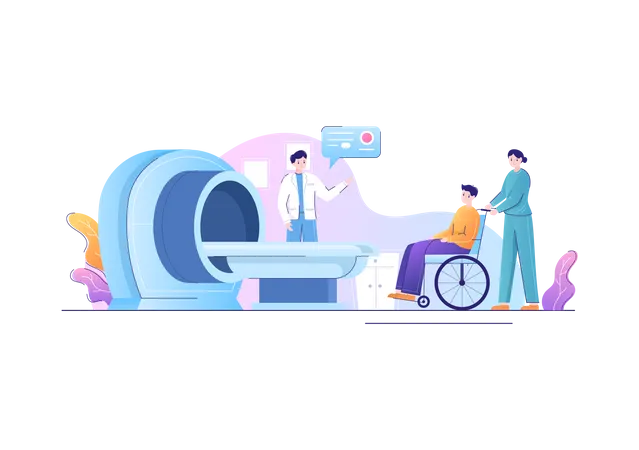 Enfermeira leva paciente até máquina de ressonância magnética assistida por médico  Ilustração