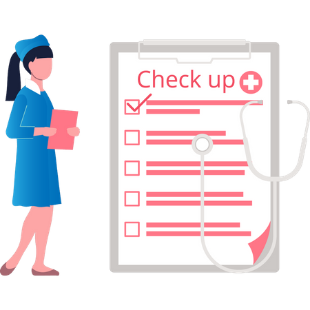 Enfermeira olhando a lista de check-up  Ilustração