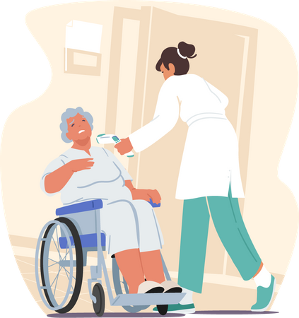 Enfermeira ou médico medindo a temperatura de uma mulher idosa sentada em uma cadeira de rodas com termômetro distante durante o coronavírus  Ilustração