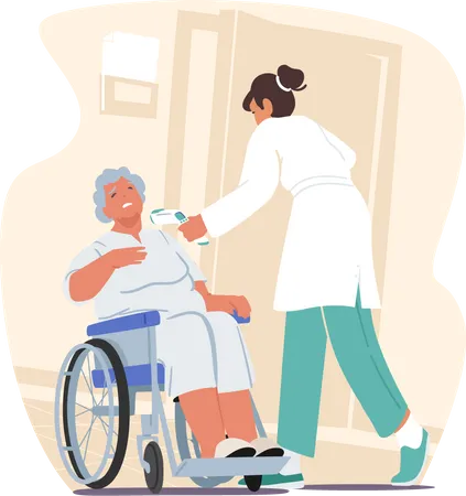 Enfermeira ou médico medindo a temperatura de uma mulher idosa sentada em uma cadeira de rodas com termômetro distante durante o coronavírus  Ilustração