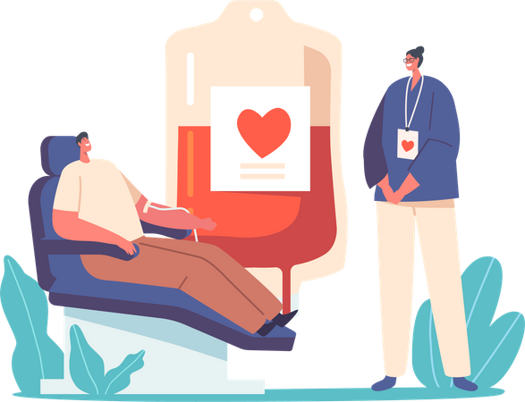Enfermeira recebendo sangue de doador  Ilustração