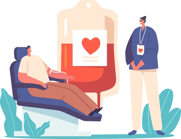 Doacao De Sangue Caridade De Saude Conceito De Transfusao De Sangue Vital Personagem De Enfermeira Feminina Recebendo Sangue De Doador Masculino Sentado Em Cadeira Medica Em Laboratorio Ilustra O Vetorial De Pessoas Dos Desenhos Animados Ilustração