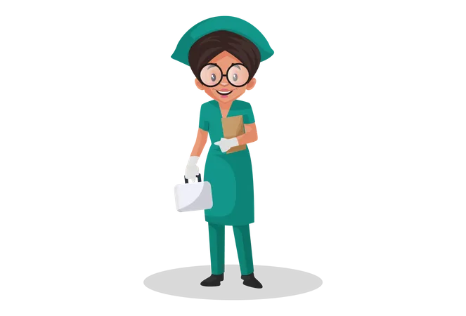 Enfermeira segurando arquivo em uma mão e kit médico na outra  Ilustração