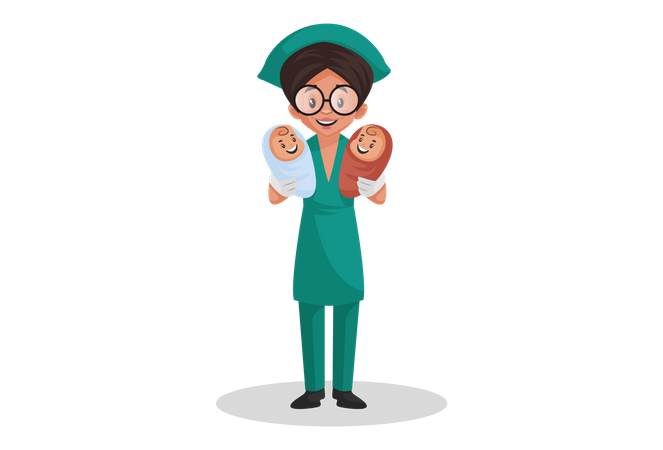 Enfermeira segurando bebês recém-nascidos com as duas mãos  Ilustração