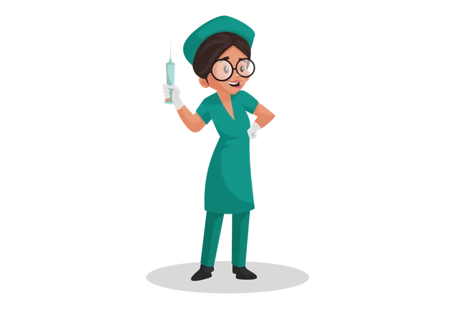Enfermeira segurando uma injeção na mão  Ilustração