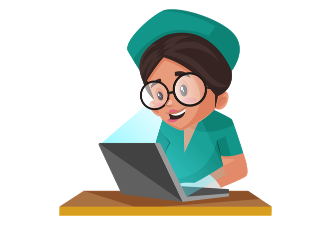 Enfermeira trabalhando em um laptop  Ilustração