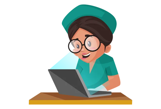 Enfermeira trabalhando em um laptop  Ilustração