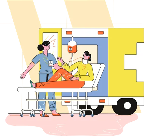 Enfermeira transferindo paciente da ambulância  Ilustração