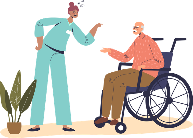 Enfermeira irritada repreendendo velho em cadeira de rodas  Ilustração