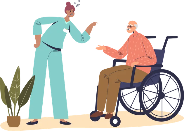 Enfermeira irritada repreendendo velho em cadeira de rodas  Ilustração