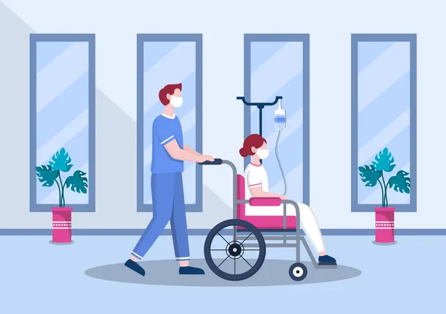 Enfermeiro ajudando paciente em cadeira de rodas  Ilustração