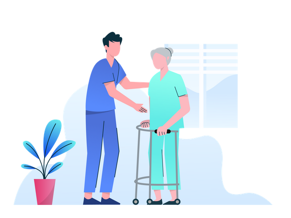 Enfermeiro ajudando uma idosa  Ilustração