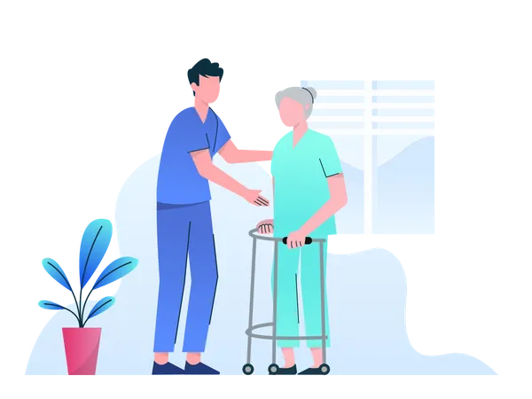Enfermeiro ajudando uma idosa  Ilustração