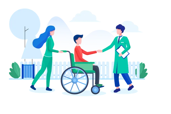 Enfermera cuidando a paciente discapacitado  Ilustración
