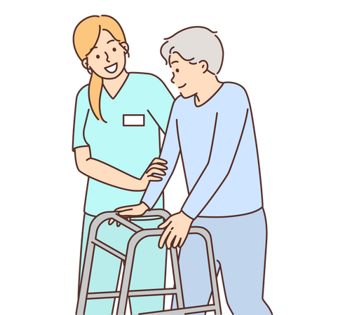 Enfermera ayudando a un anciano discapacitado  Ilustración