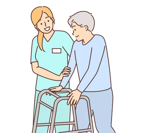 Enfermera ayudando a un anciano discapacitado  Ilustración