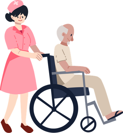 Enfermera ayudando a un anciano en silla de ruedas  Ilustración