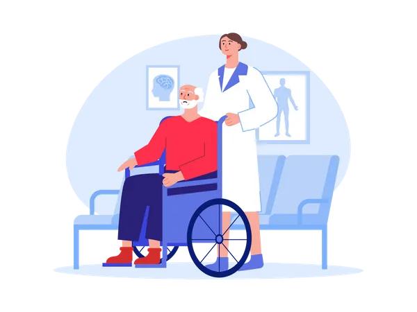 Enfermera ayudando a hombre discapacitado  Ilustración