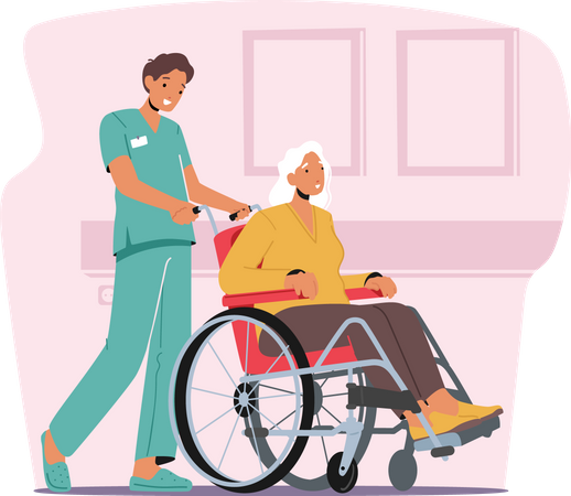 Enfermera ayudando a mujer discapacitada  Ilustración