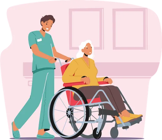 Enfermera ayudando a mujer discapacitada  Ilustración